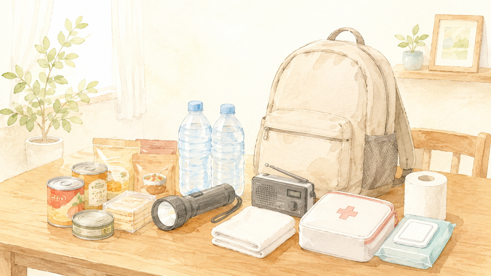 防災リュックと中身を広げたイラスト