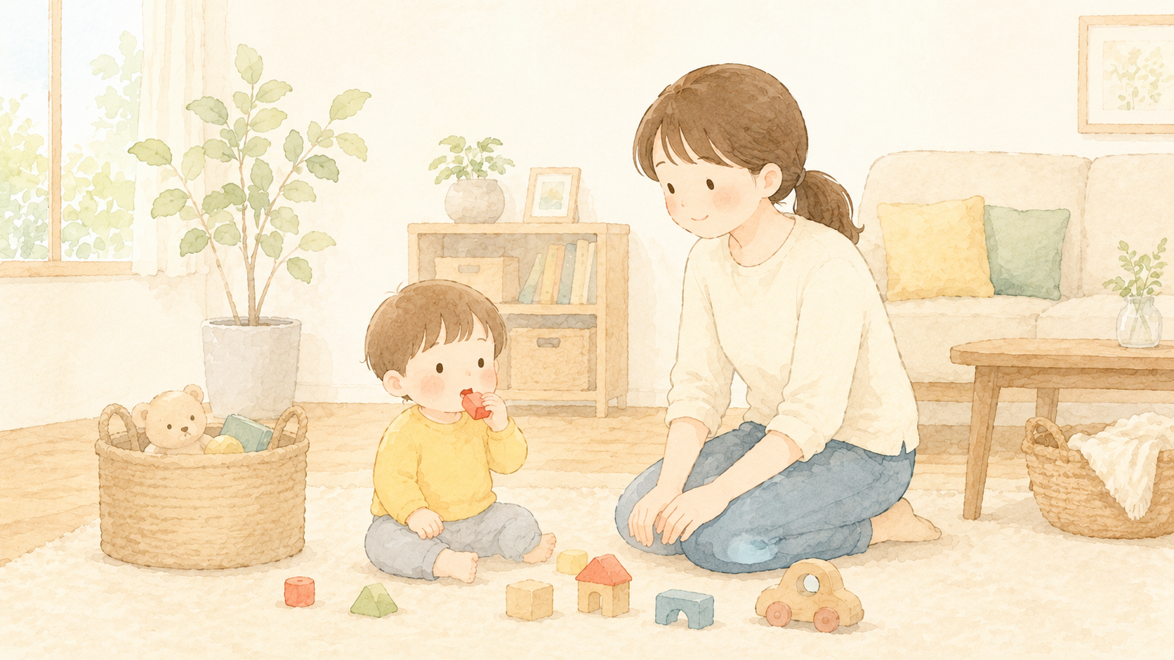 子どもを見守る母親のイラスト