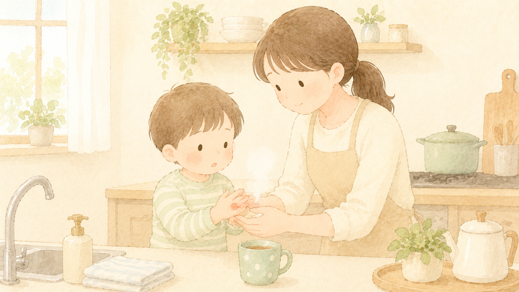 火傷をした子を手当てする母親