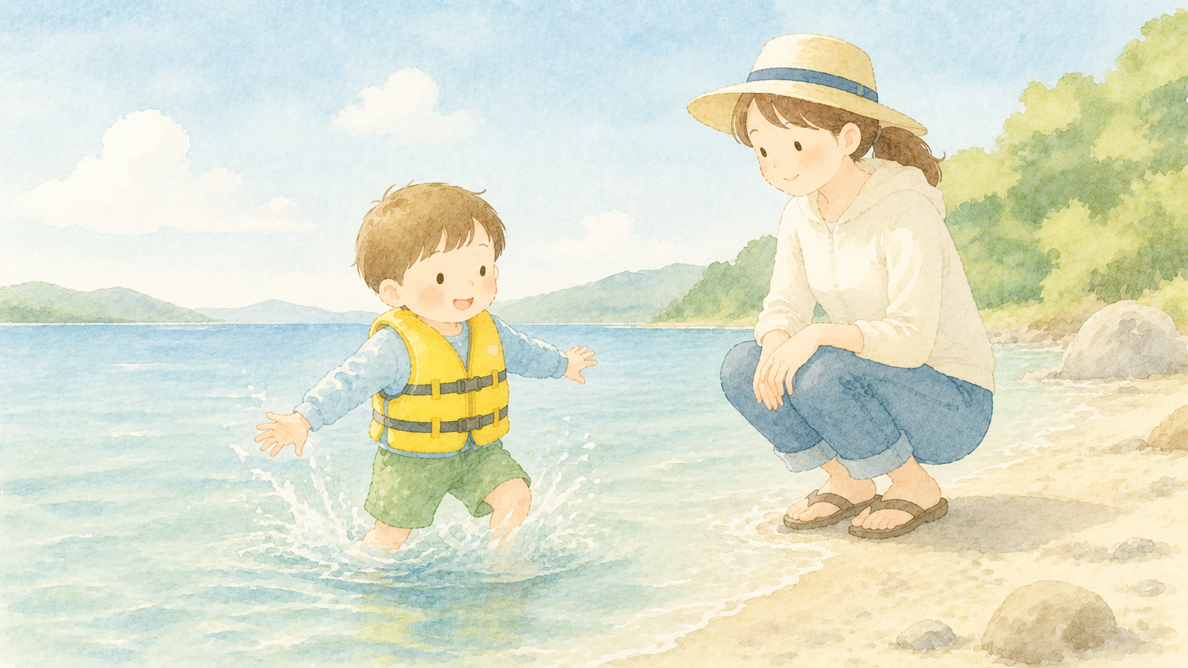 水辺で遊ぶ子を見守る母親