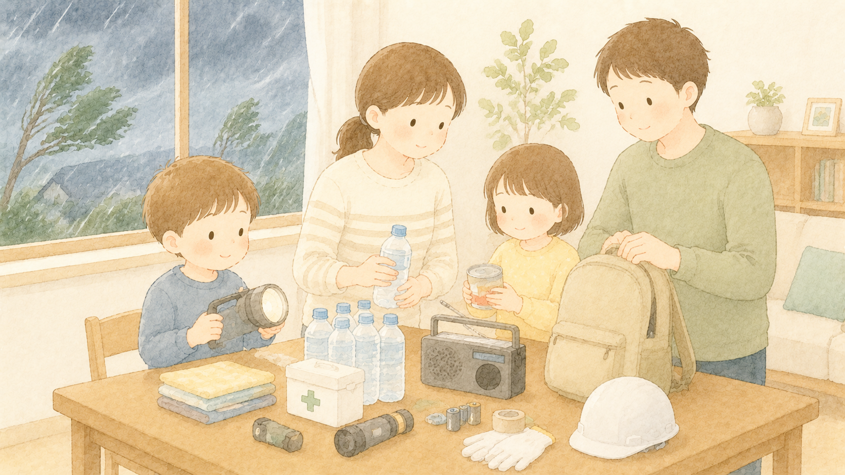 台風に備える家族のイラスト