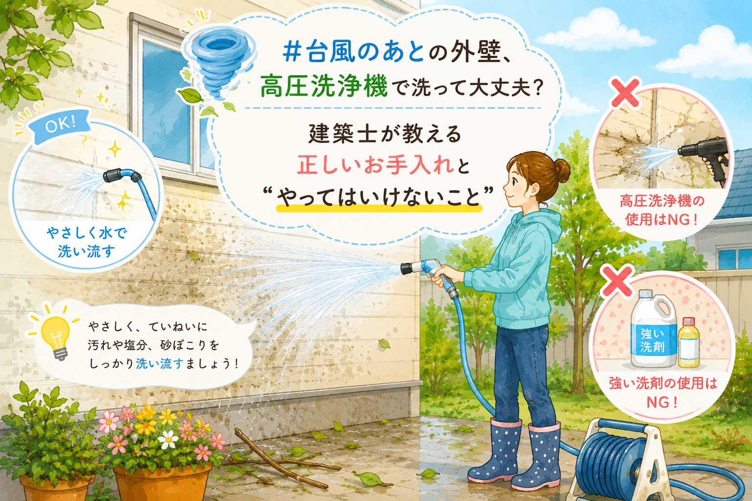 台風通過後の外壁をホースで洗浄している