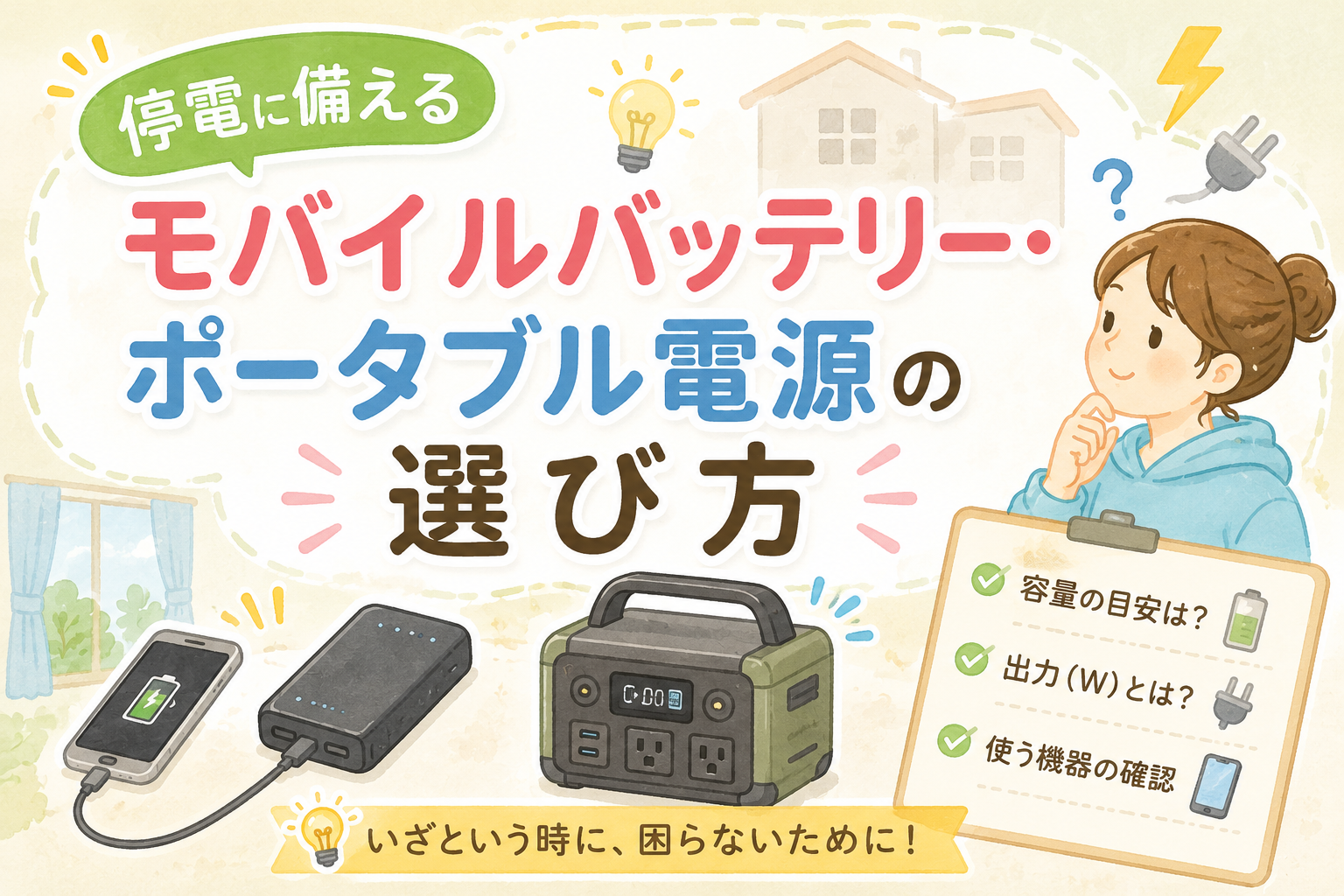 モバイルバテリーの選び方を母親が迷っている