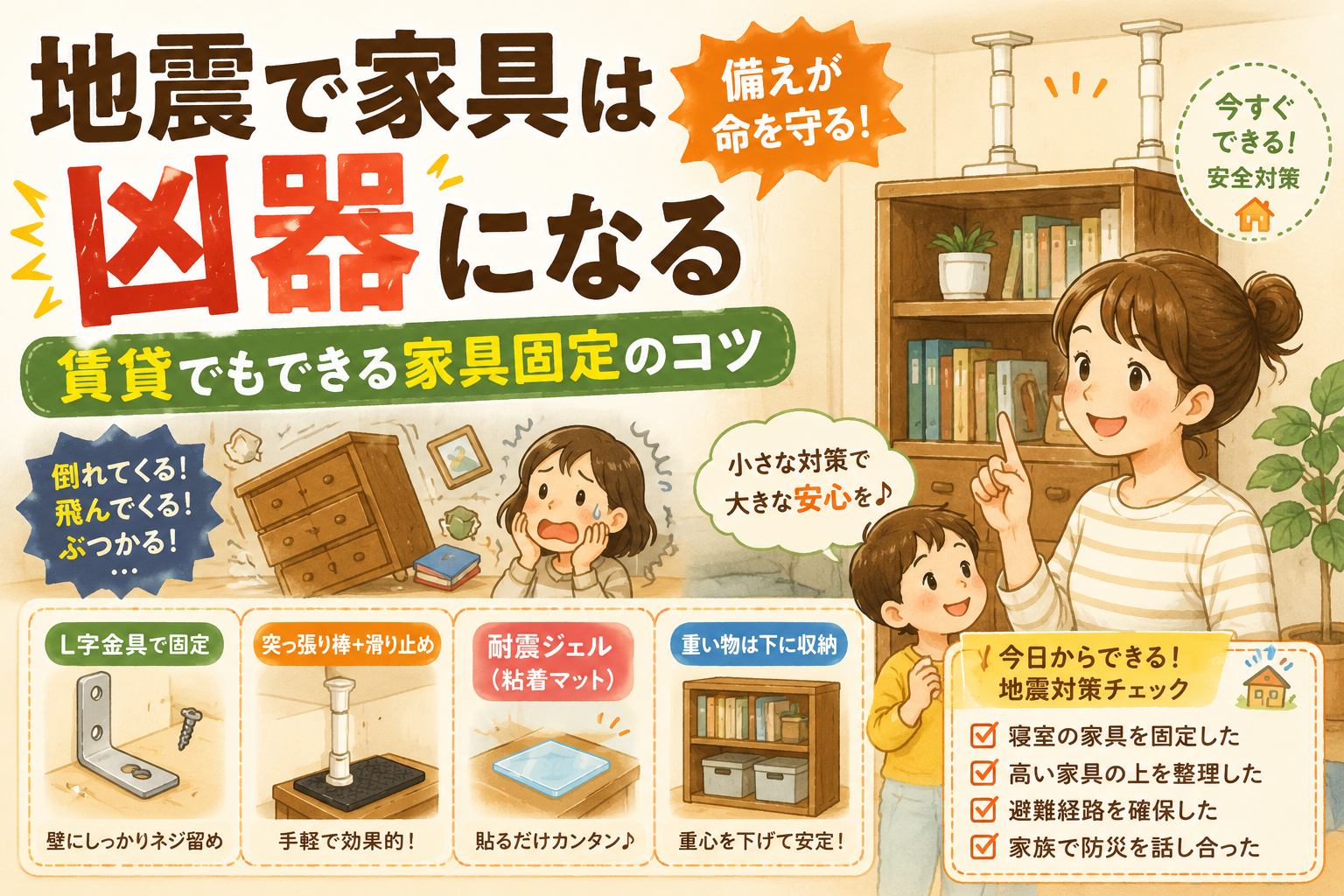本棚を突っ張り棒とマットで固定する様子のイラスト