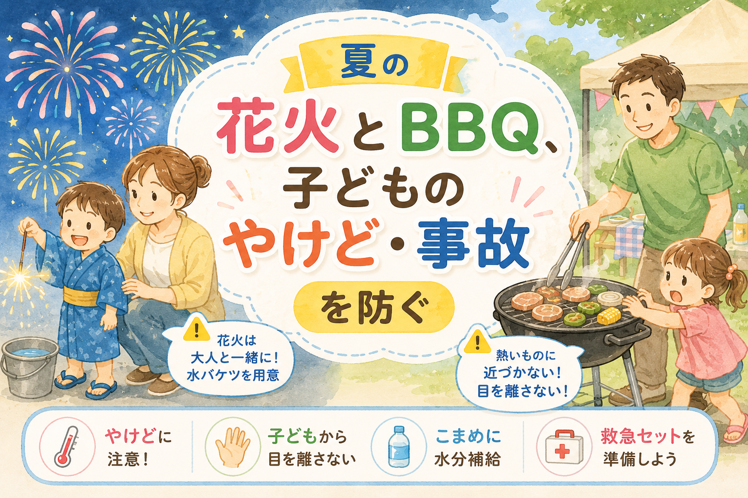 夏の夜、家族で手持ち花火を安全に楽しむイラスト