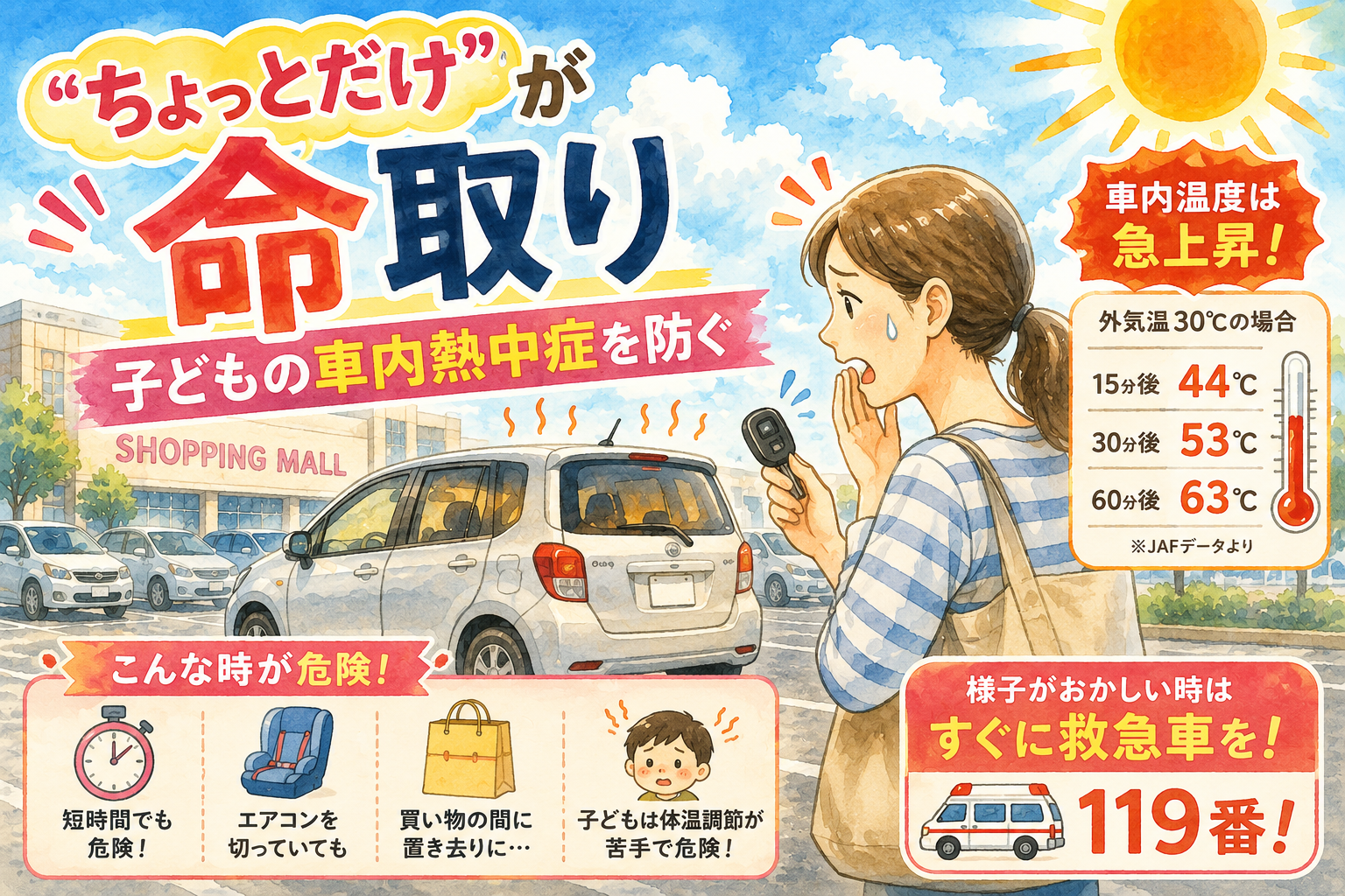 夏場、車に子供を乗せたまま、車を数分離れた母親