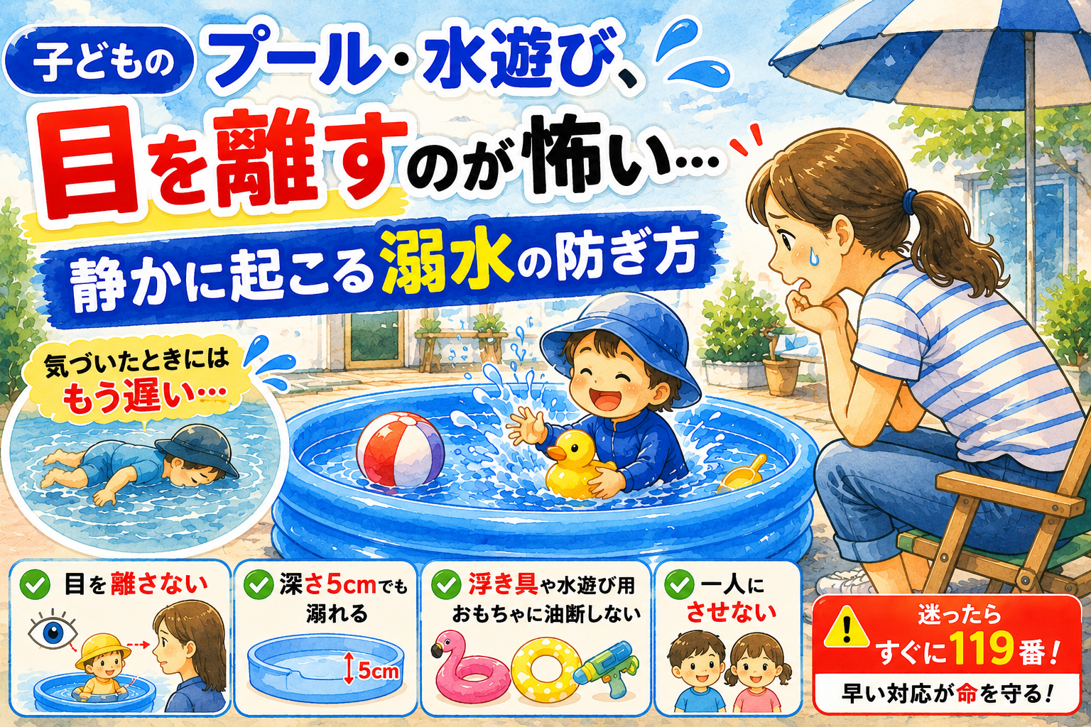 プールで水遊びする子どもと見守る親のイラスト