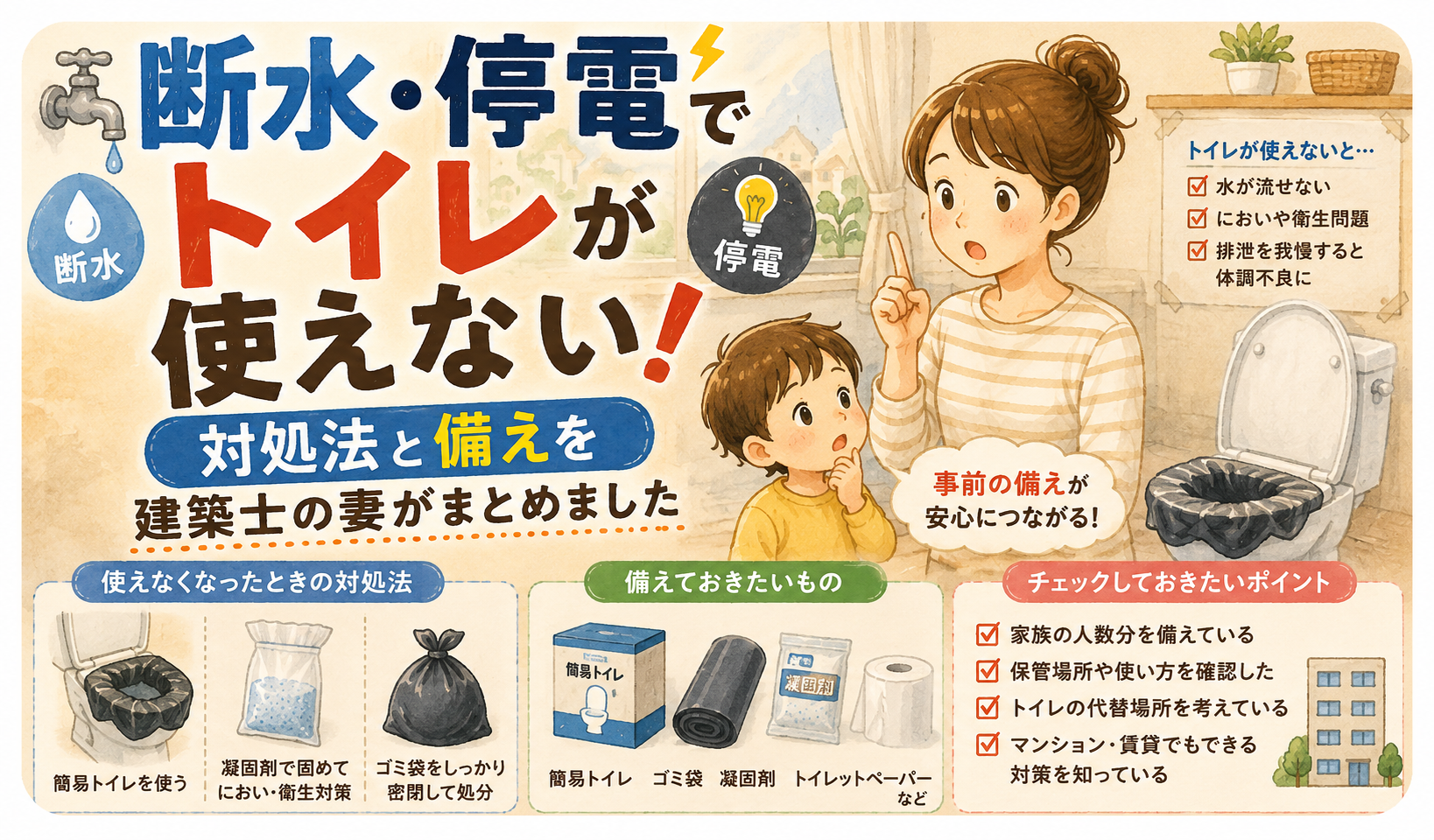 災害で水の流れない場合のトイレの使い方を母親が子供に説明している